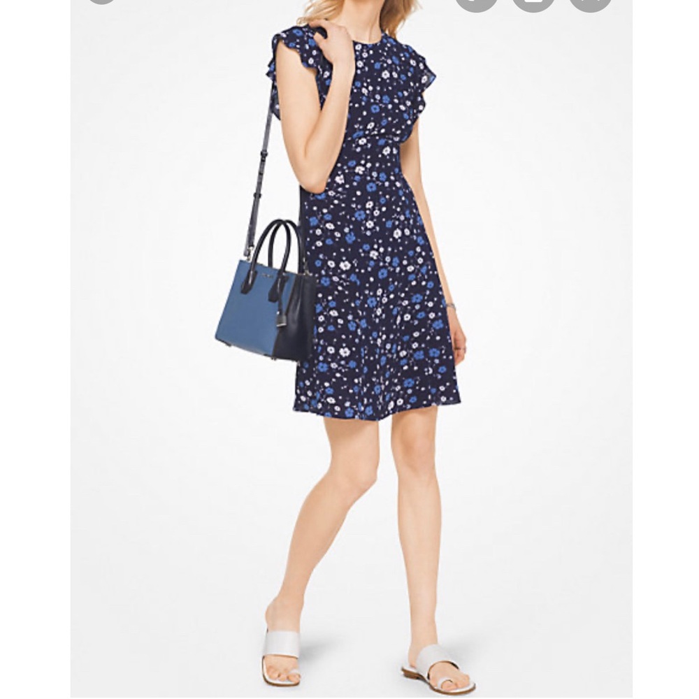 Michael Kors Floral Crepe Flounce-Sleeve Dress